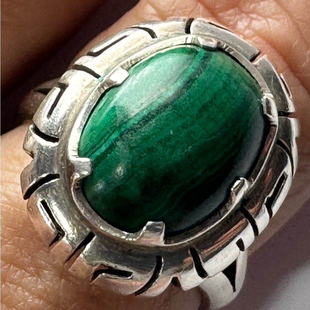 Vintage Southwestern Mexico Signed Green Malachite Sterling Silver Ring